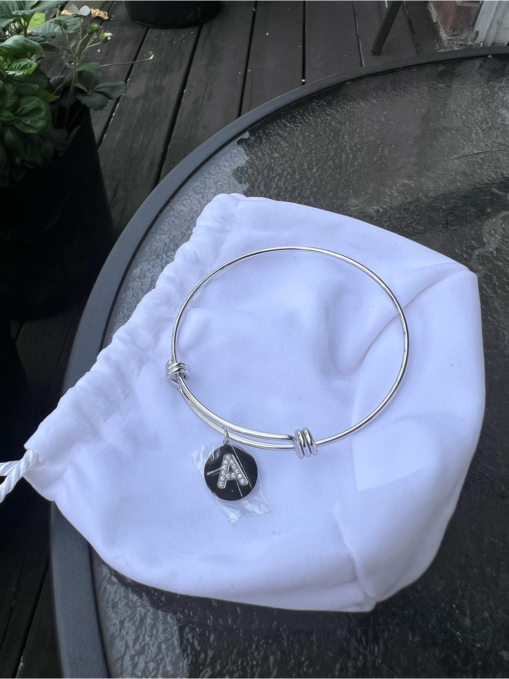 Diamonique Silver-Tone Bangle Bracelet with 'A' Pave Charm